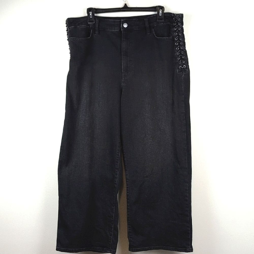 Lauren Ralph Lauren Black Denim Lace Up  Cropped Wide Leg Jeans Size 16